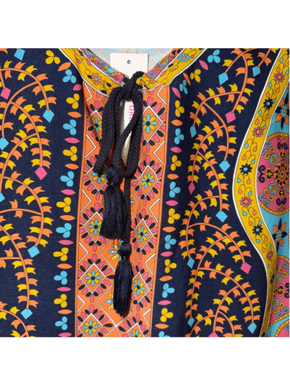 Women's Bohemian Neck Tie Urban Coco Mini Dress L Blue Pink Boho Print New NWT - Picture 6 of 14